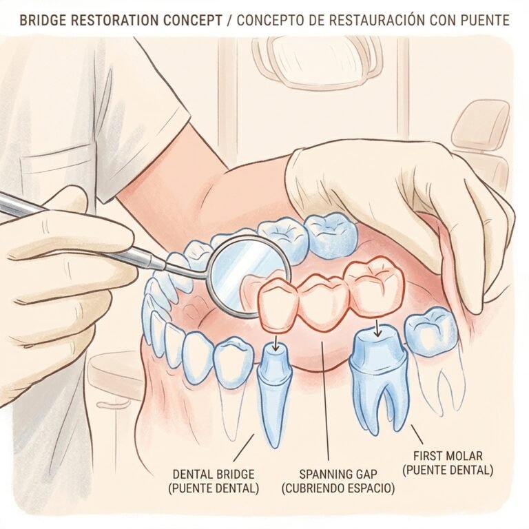 Examen clínico mostrando cómo un puente dental se ajusta entre dos dientes adyacentes.