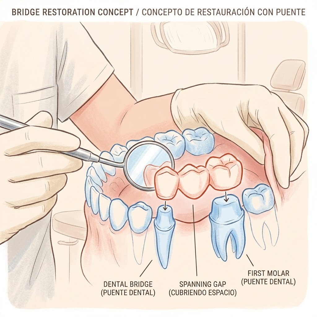 Examen clínico mostrando cómo un puente dental se ajusta entre dos dientes adyacentes. Examen clínico mostrando cómo un puente dental se ajusta entre dos dientes adyacentes.