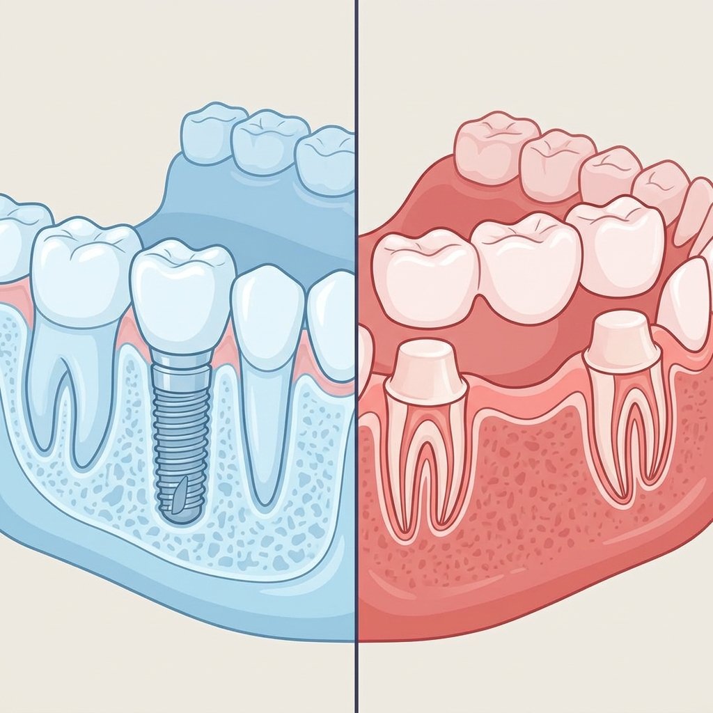Comparación visual entre un implante dental y un puente dental mostrando sus estructuras internas.