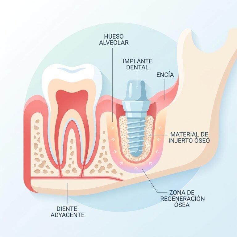 Regeneración ósea para implantes dentales Sección transversal de mandíbula mostrando estructura ósea con zona de regeneración destacada en tonos pastel rojo y azul.