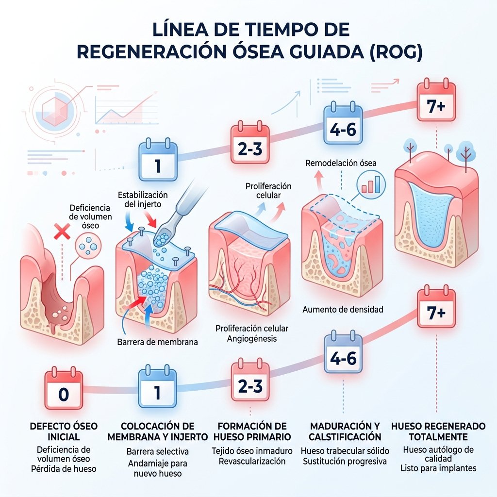 Regeneración ósea guiada: cómo se reconstruye el hueso para un implante Línea temporal de cicatrización en regeneración ósea guiada, mostrando fases de 3 a 9 meses en tonos pastel.