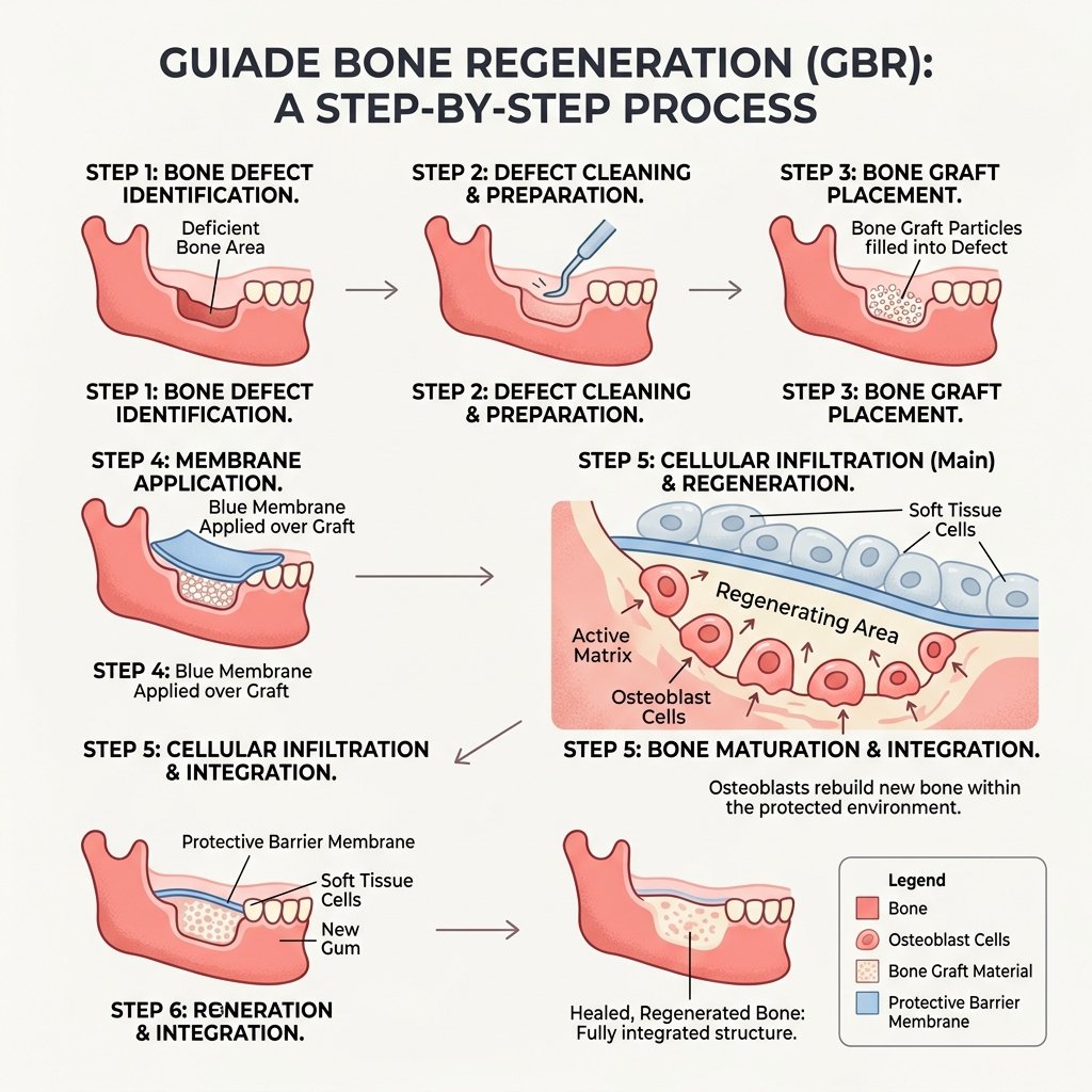 Regeneración ósea guiada: cómo se reconstruye el hueso para un implante Proceso de regeneración ósea guiada con membrana protectora y células óseas en reconstrucción, paleta rojo y azul pastel.