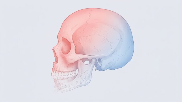 Pérdida ósea silenciosa visualizada Cráneo translúcido con degradado de rojo a azul pastel mostrando la porosidad ósea progresiva en mandíbula, representando la