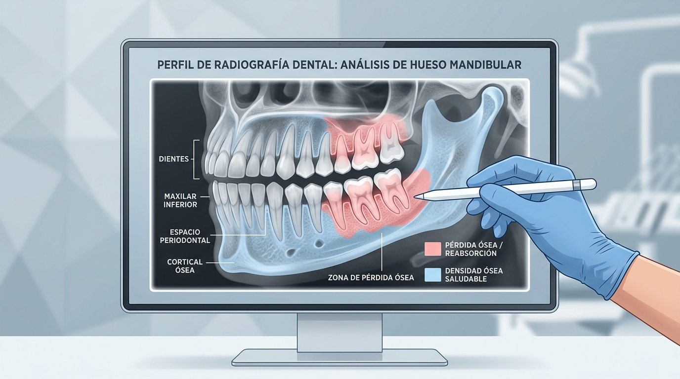 Pantalla digital mostrando radiografía dental con zonas en rojo indicando resorción ósea y áreas azules con densidad ósea