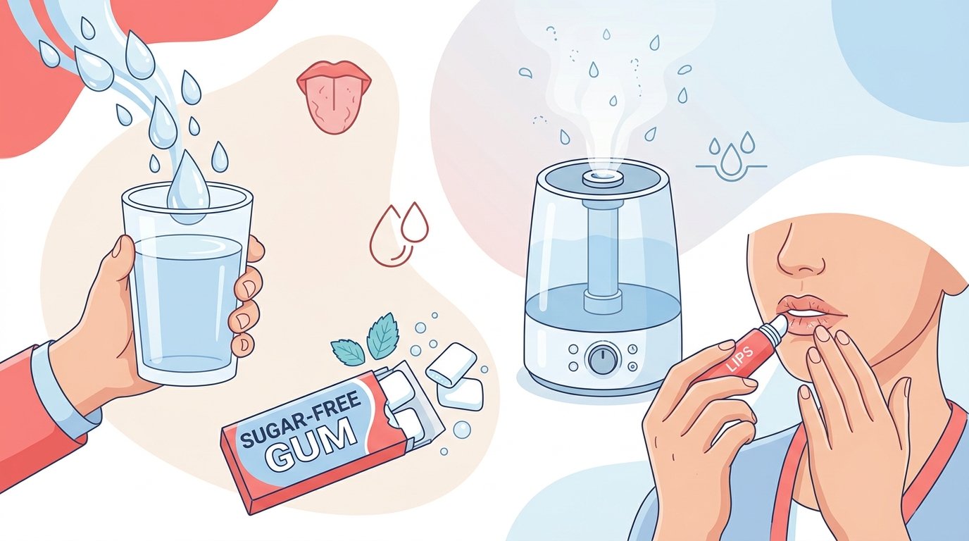 Síndrome de la boca seca: causas, síntomas y remedios Remedios para la boca seca: hidratación, chicle sin azúcar, humidificador y productos hidratantes naturales.