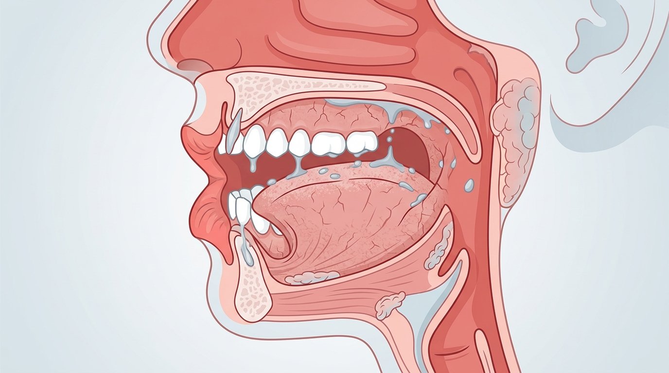 Síndrome de la boca seca: causas, síntomas y remedios Boca en sección transversal mostrando membranas secas y producción reducida de saliva, ilustración médica educativa.