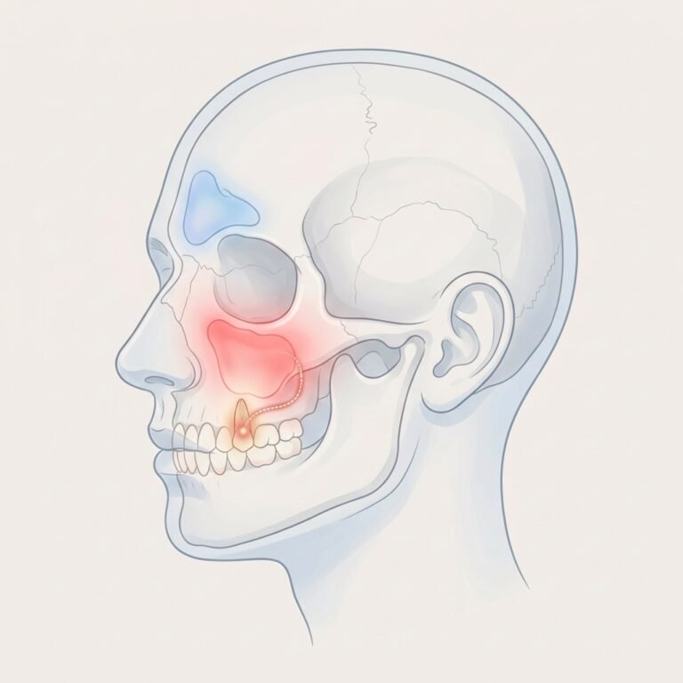 Perfil de cabeza transparente mostrando los senos paranasales en rojo y azul pastel, conectados a un diente infectado para...