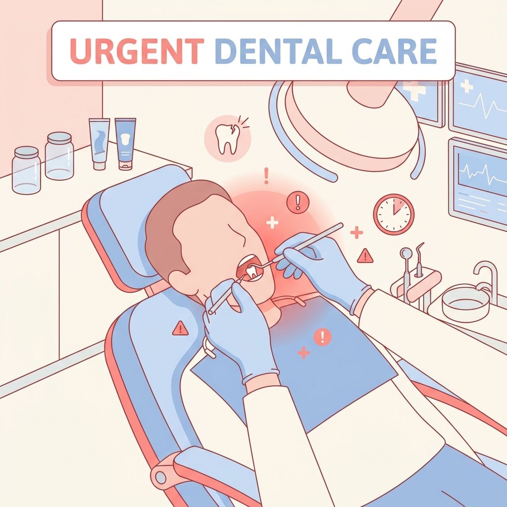 Sinusitis odontogénica: cuando el dolor de cabeza viene de un diente Vista de sillón dental con manos de profesional examinando un diente, indicadores de urgencia en tonos rojos pastel.