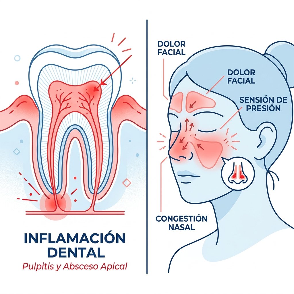 Sinusitis odontogénica: cuando el dolor de cabeza viene de un diente Dos paneles: diente inflamado y cara mostrando dolor facial, presión sinusal y congestión como síntomas de origen dental.