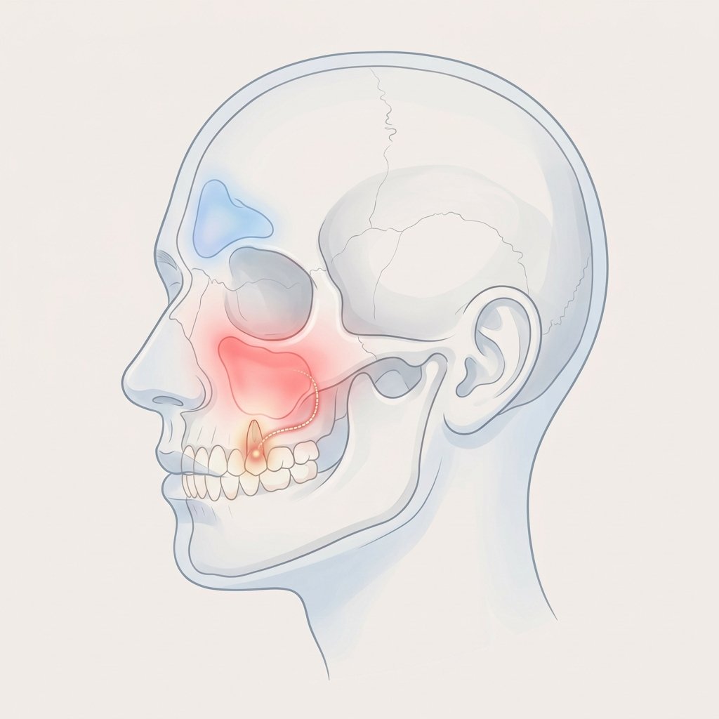 Sinusitis odontogénica: cuando el dolor de cabeza viene de un diente Perfil de cabeza transparente mostrando los senos paranasales en rojo y azul pastel, conectados a un diente infectado para...