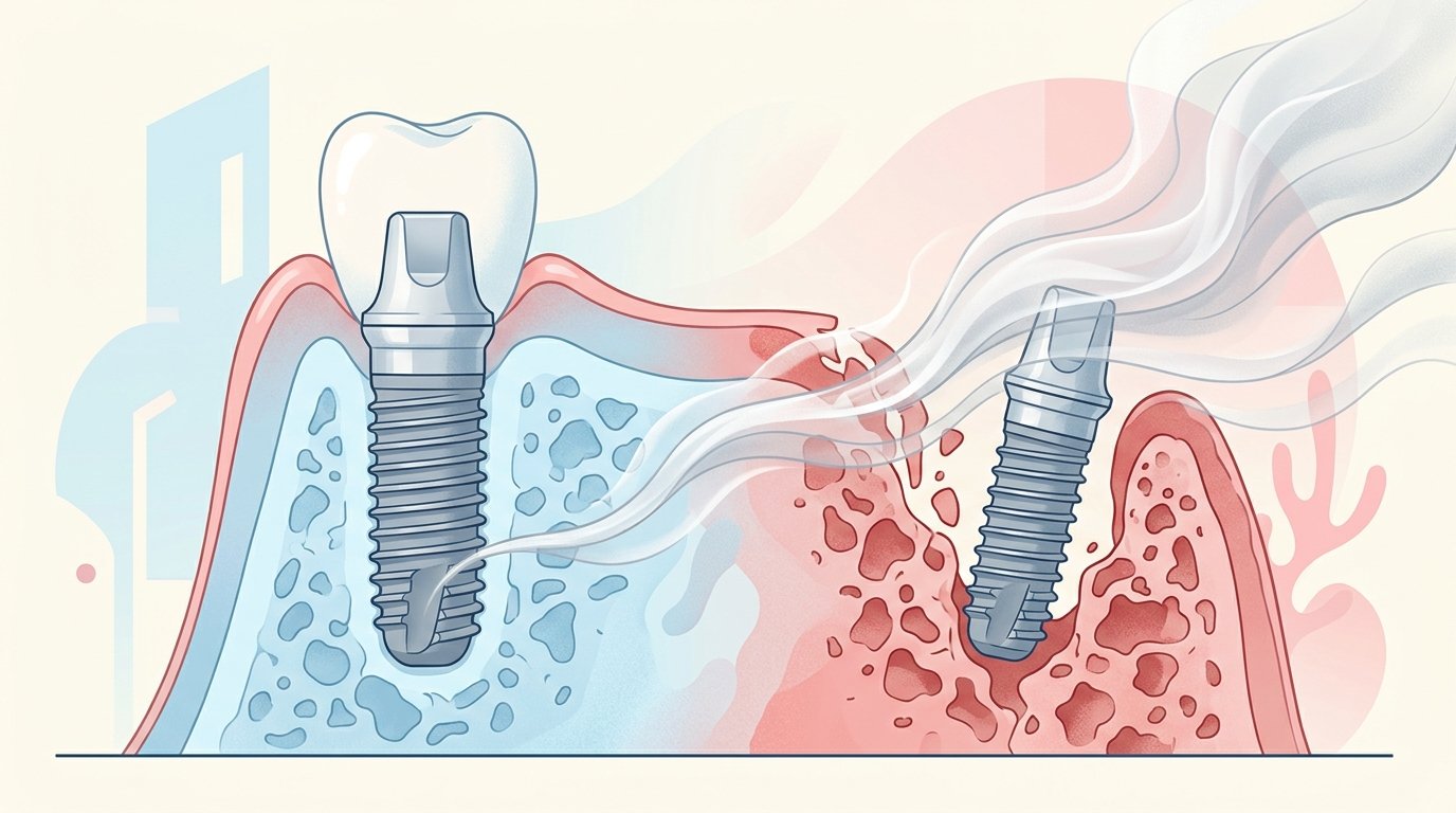 Tabaco e implantes: por qué fumar arruina tu osteointegración Implante dental con osteointegración comprometida por tabaco, contraste entre hueso sano en azul y dañado en rojo.